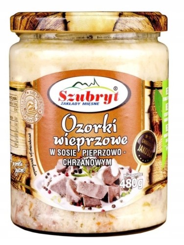 Ozorki wieprzowe w sosie pieprzowo chrzanowym 480g Szubryt